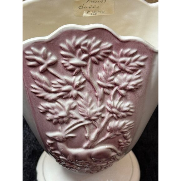Vintage Hull Fan Vase #50 White Maroon Gazelle Deer  Scalloped Top - Picture 7 of 10